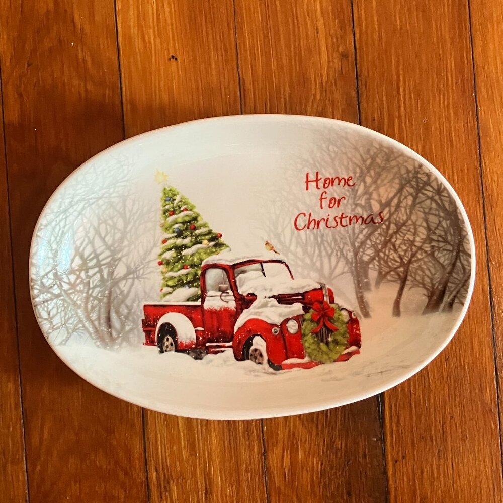 New Oval Platter Oval Platter 8" x 5 3/4' -Home for Christmas Vintage Red Truck
